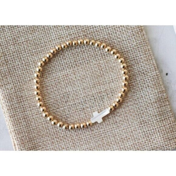 Jewelry - Waterproof Cross Bracelet Pearl Cross Gold Non-tarnish Beaded Stretch Bracelet